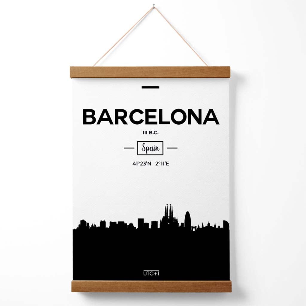 Barcelona-Stadtbildposter in Schwarz-Weiß mit Halterung