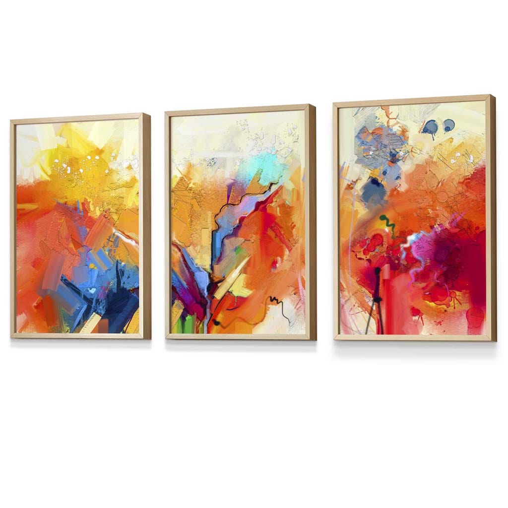 Abstraktes, farbenfrohes 3er-Set gerahmter Wandbilder in Orange, Rosa und Rot