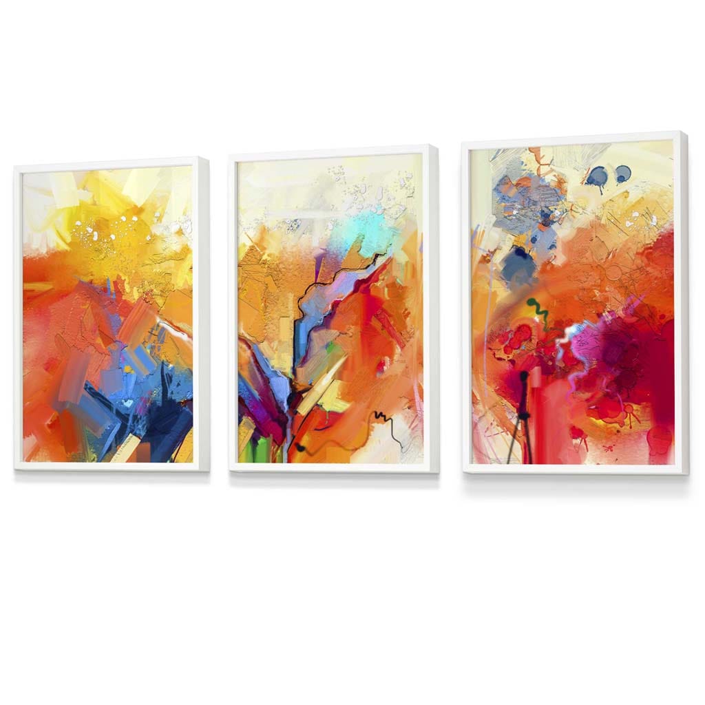 Abstraktes, farbenfrohes 3er-Set gerahmter Wandbilder in Orange, Rosa und Rot