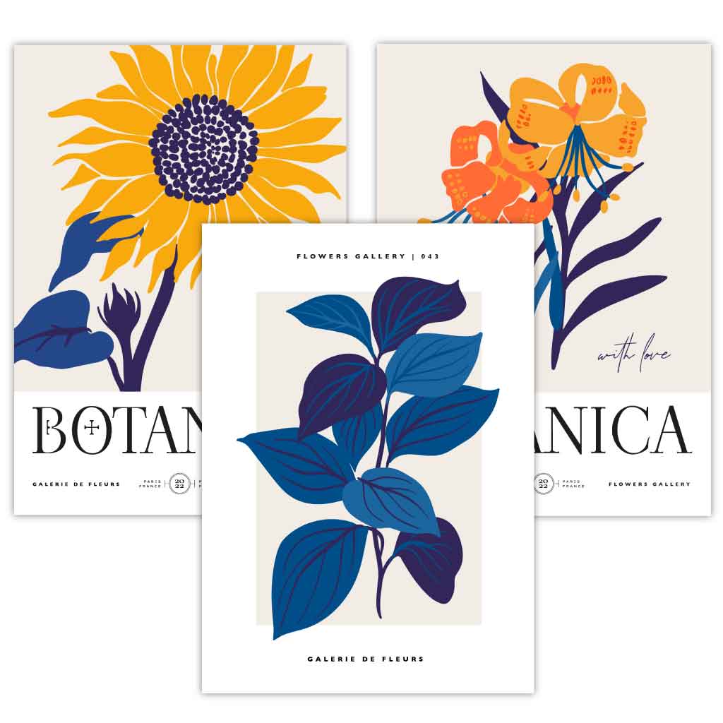 Set aus 3 gerahmten Wandbildern mit Sonnenblumenmotiv im Boho-Stil, blau & gelb