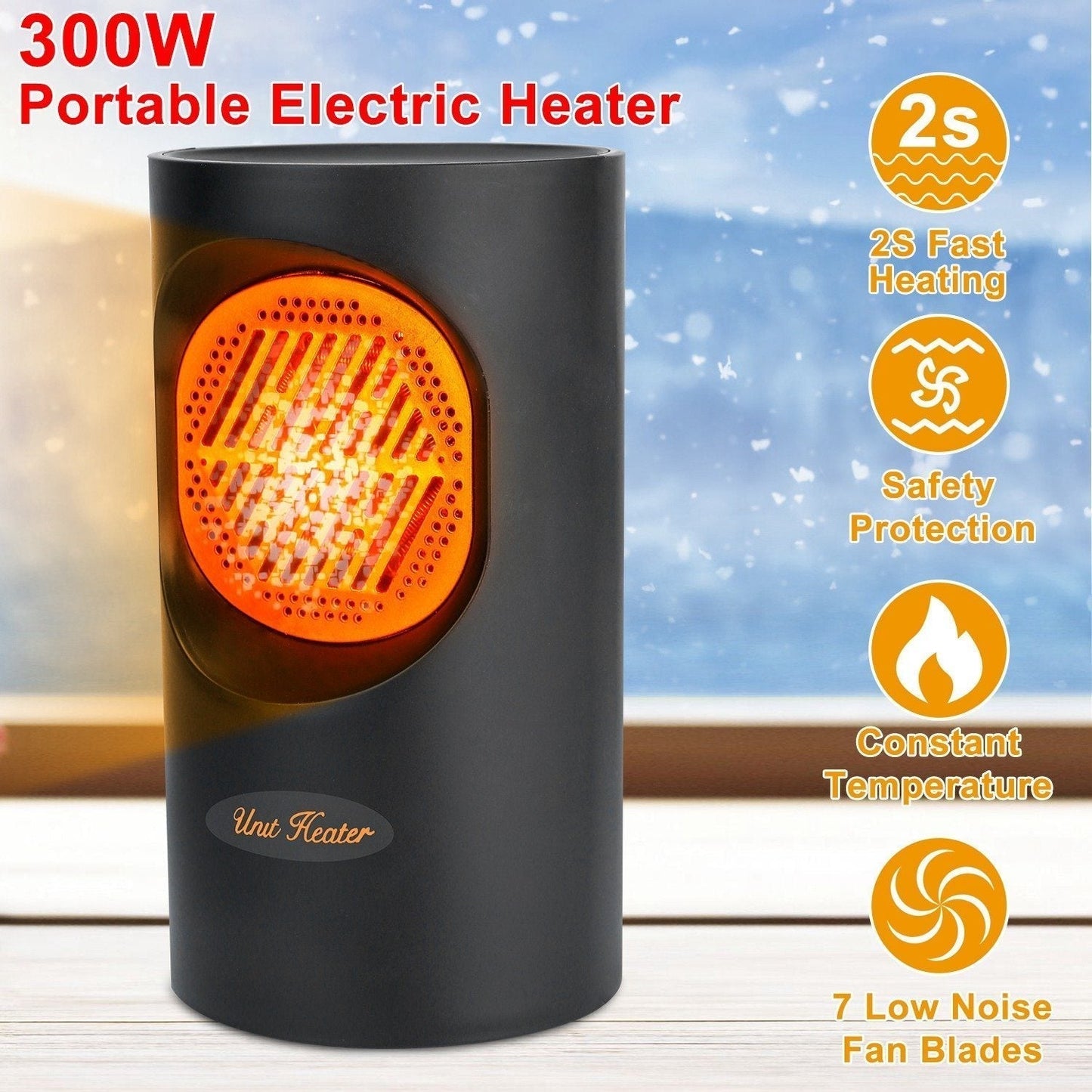 Tragbarer 300-W-Elektro-Miniheizer | Spiralheizelement, 7 Lüfterflügel | Leiser Betrieb
