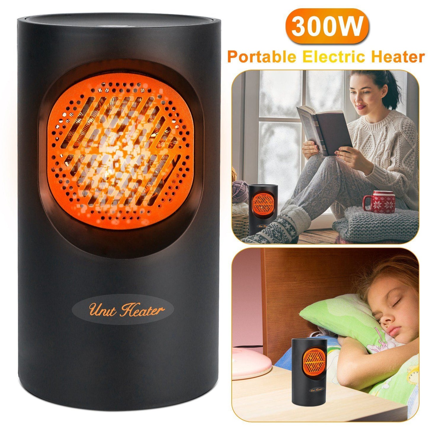 Tragbarer 300-W-Elektro-Miniheizer | Spiralheizelement, 7 Lüfterflügel | Leiser Betrieb