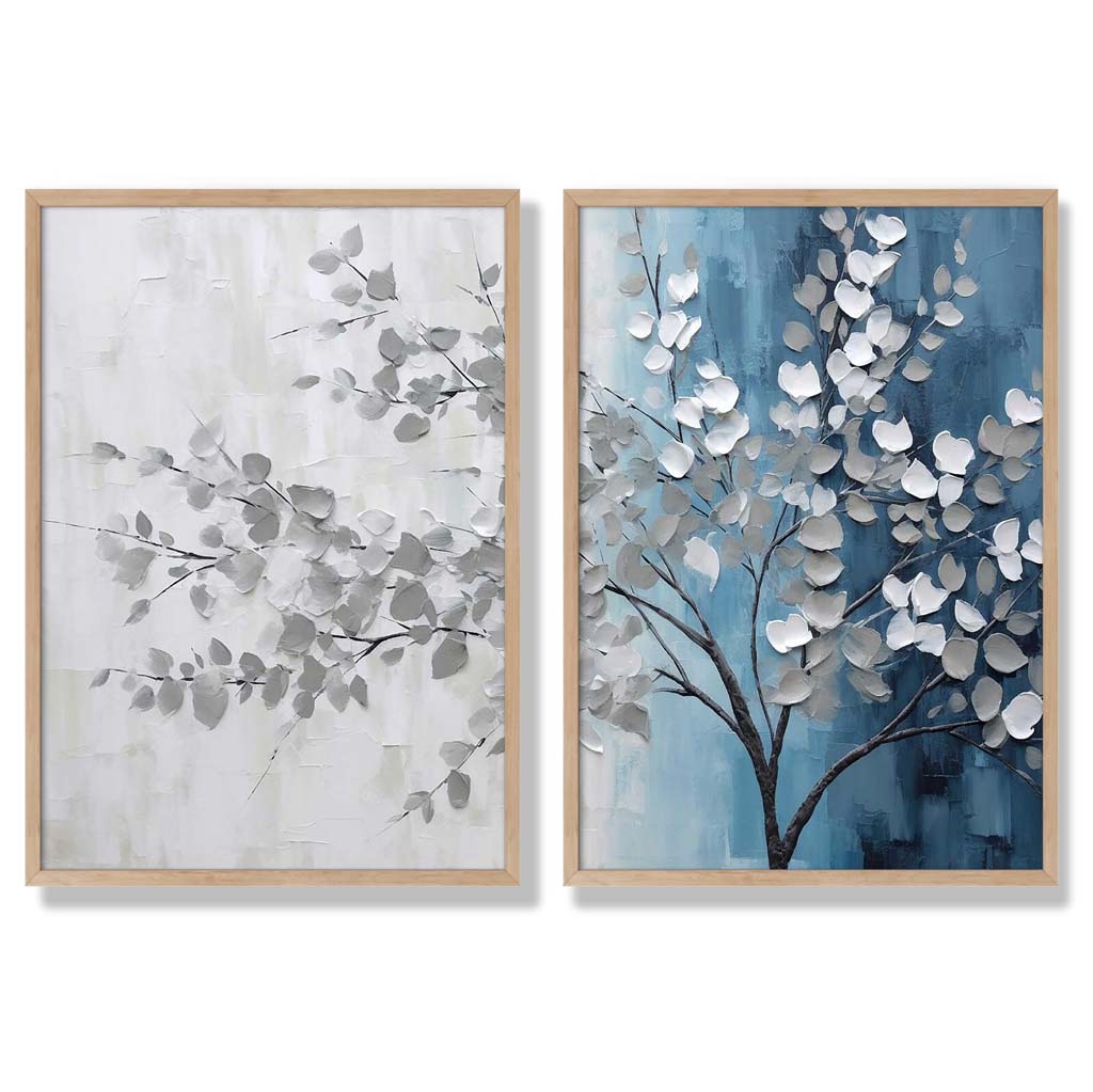 Blau-graues Baum-Diptychon, gerahmtes Set aus 2 Kunstdrucken