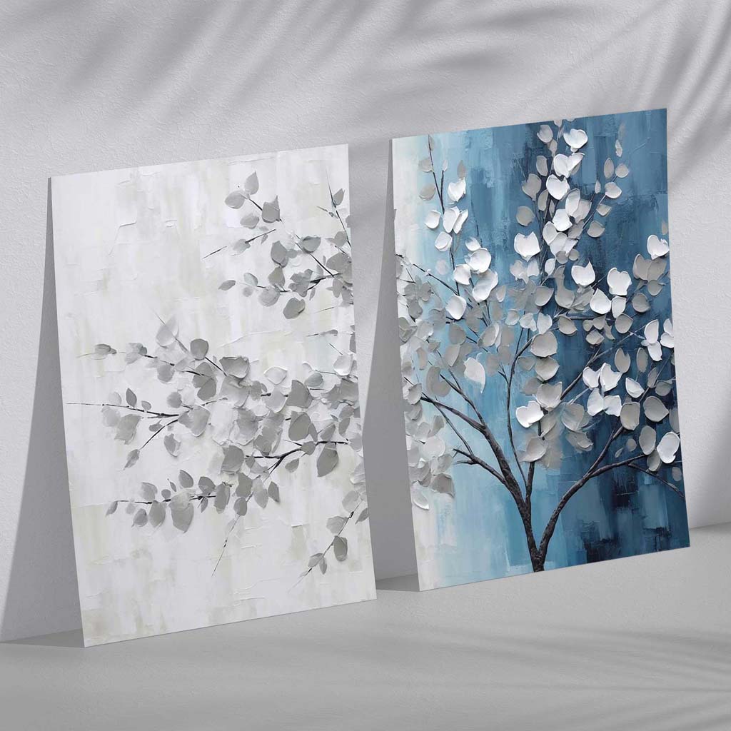 Blau-graues Baum-Diptychon, 2 Kunstdrucke