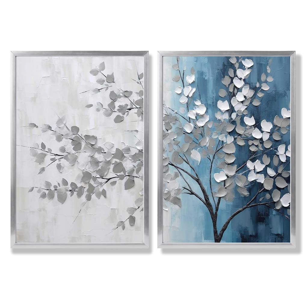 Blau-graues Baum-Diptychon, gerahmtes Set aus 2 Kunstdrucken
