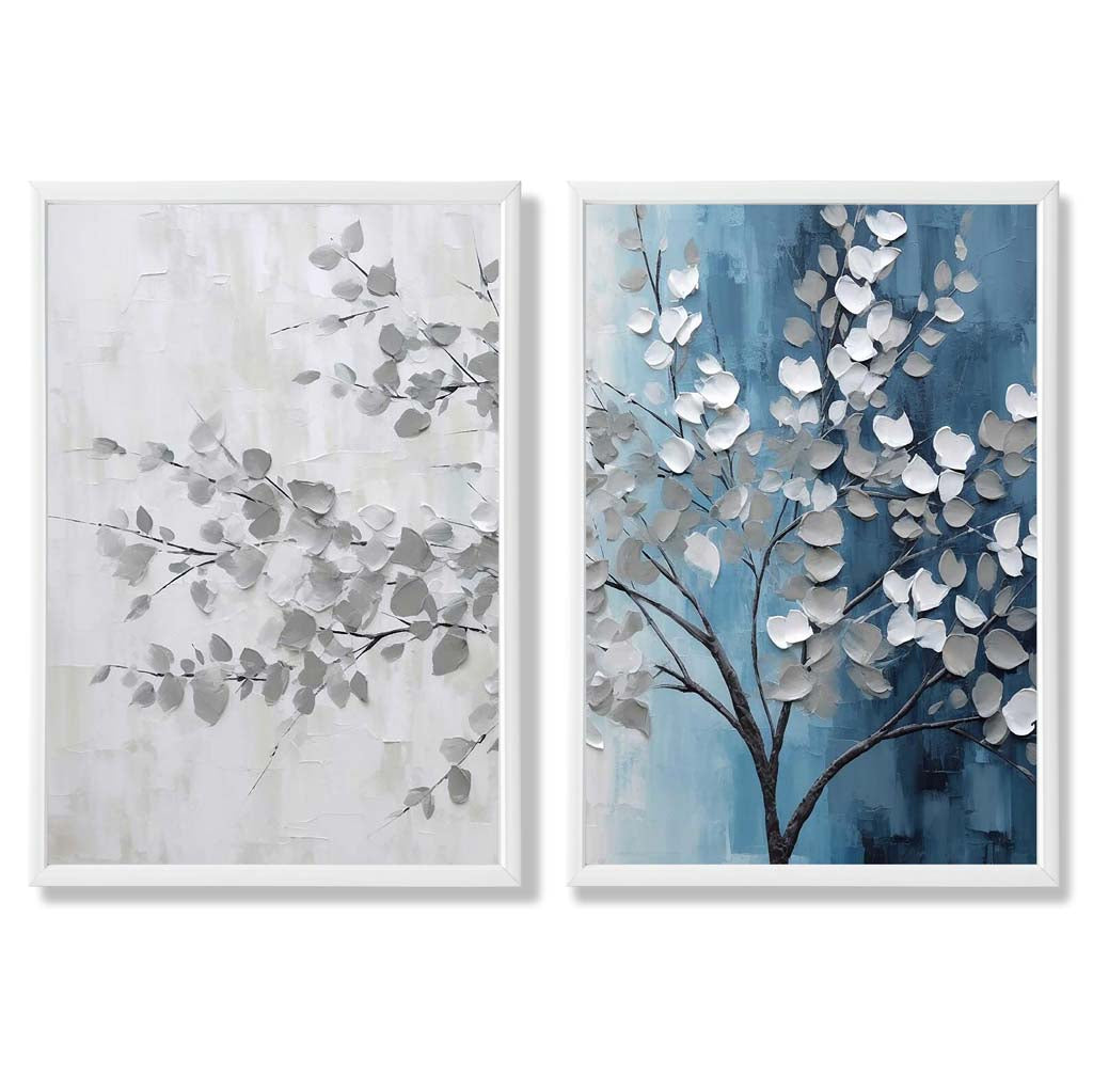 Blau-graues Baum-Diptychon, gerahmtes Set aus 2 Kunstdrucken
