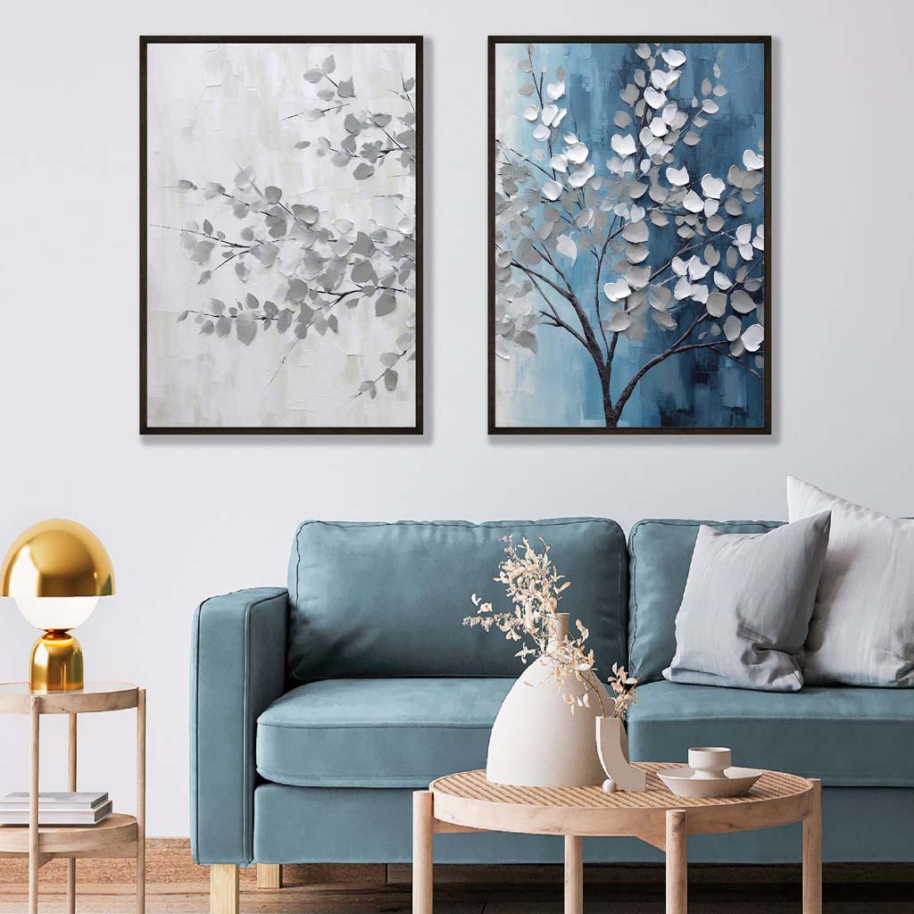 Blau-graues Baum-Diptychon, 2 Kunstdrucke