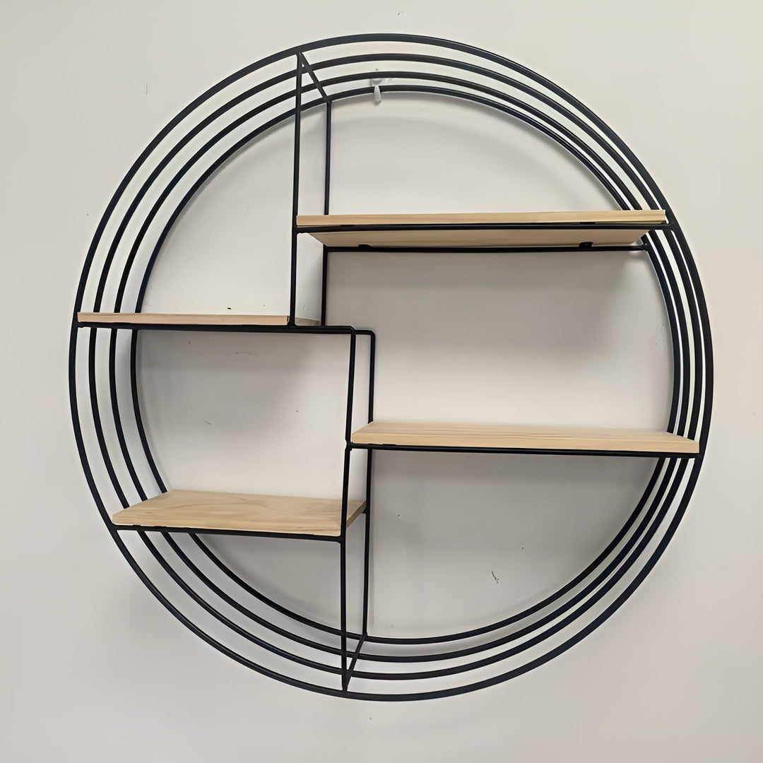 Runde Wandregal mit 4 Ebenen – Retro-Design aus Holz & Metall | Dekorativer Hängeregal für Wohnzimmer, Badezimmer & Schlafzimmer | Karnz