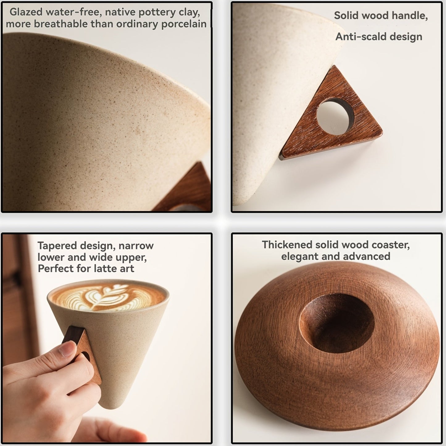 BaristaLuxe Keramische Kaffeetasse 250ml – Handgemacht mit Holzgriff und Untersetzer | Karnz