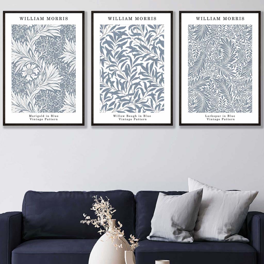Blaues William Morris Vintage Blumen-Set mit 3 Wandbildern