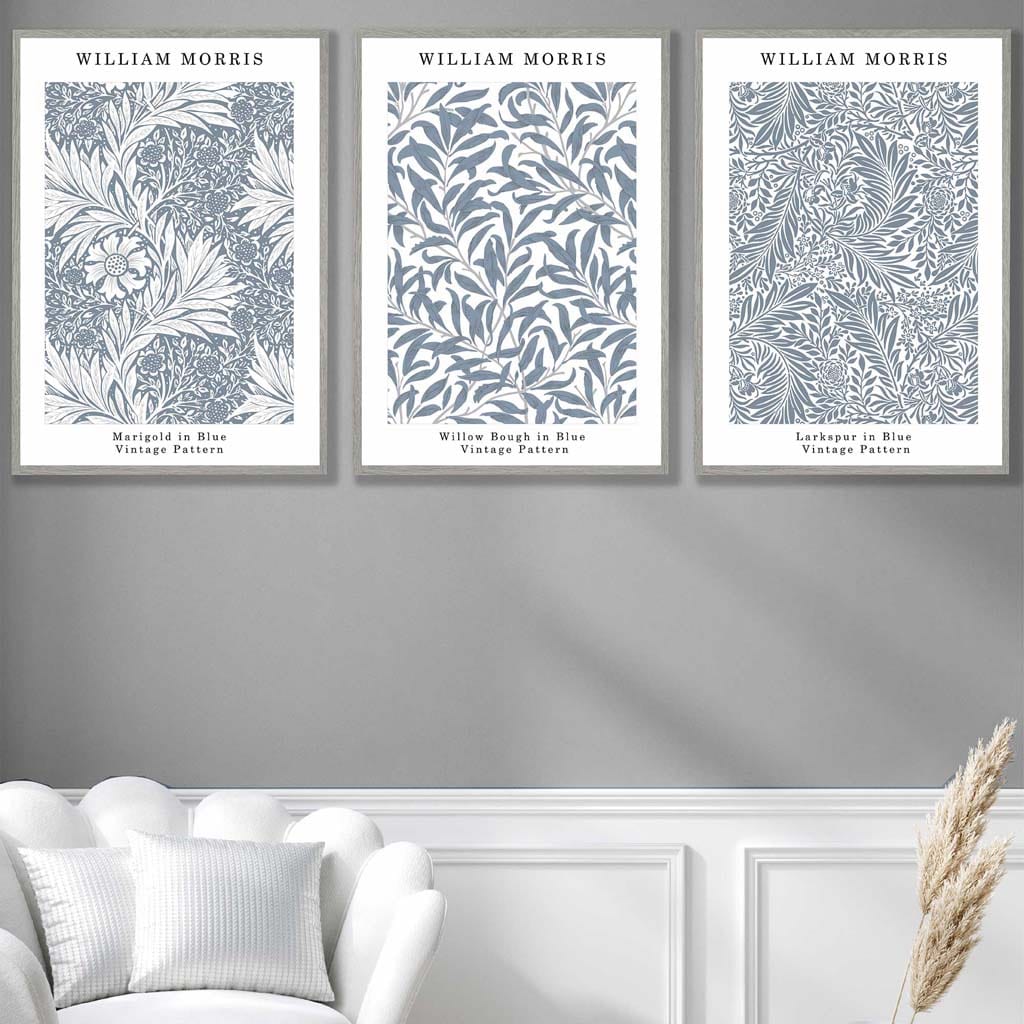 Blaues William Morris Vintage Blumen-Set mit 3 Wandbildern