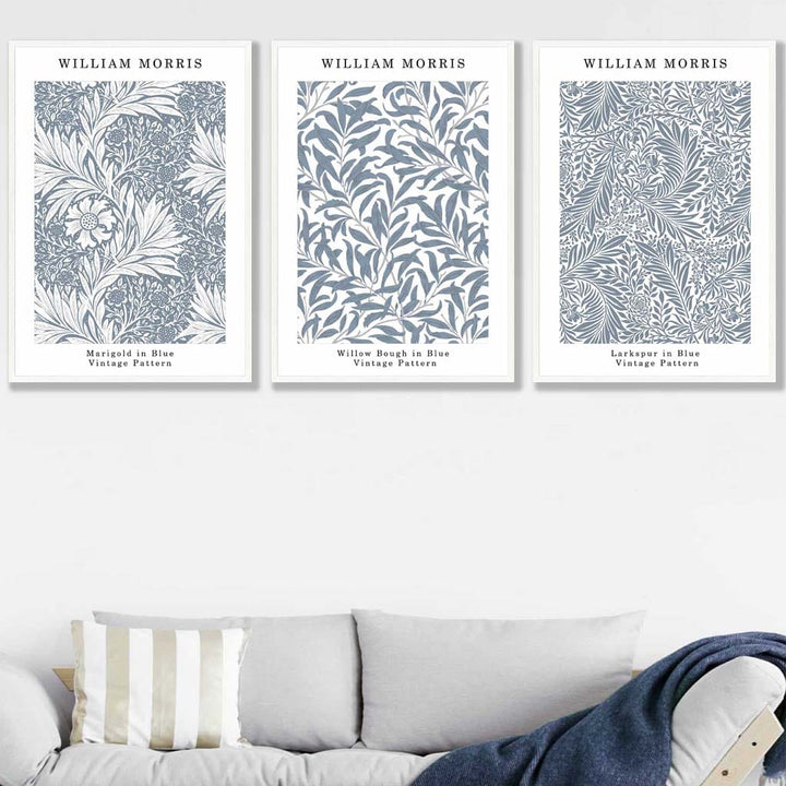 Blaues William Morris Vintage Blumen-Set mit 3 Wandbildern
