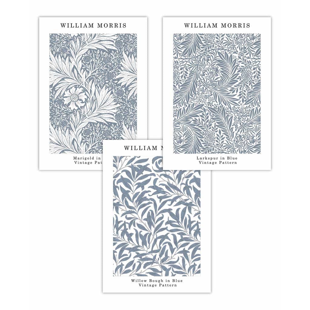 Blaues William Morris Vintage Blumen-Set mit 3 Wandbildern