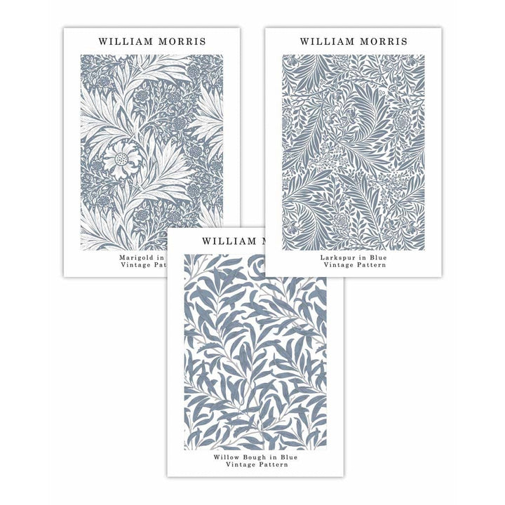 Blaues William Morris Vintage Blumen-Set mit 3 Wandbildern