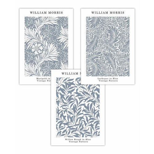 Blaues William Morris Vintage Blumen-Set mit 3 Wandbildern