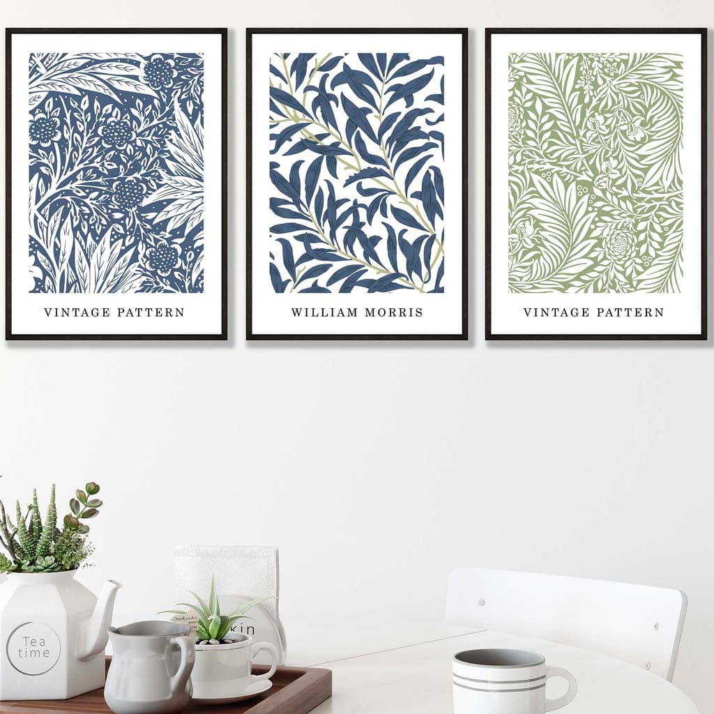 Blau & Grün William Morris Vintage Blumen-Set aus 3 Wandbildern