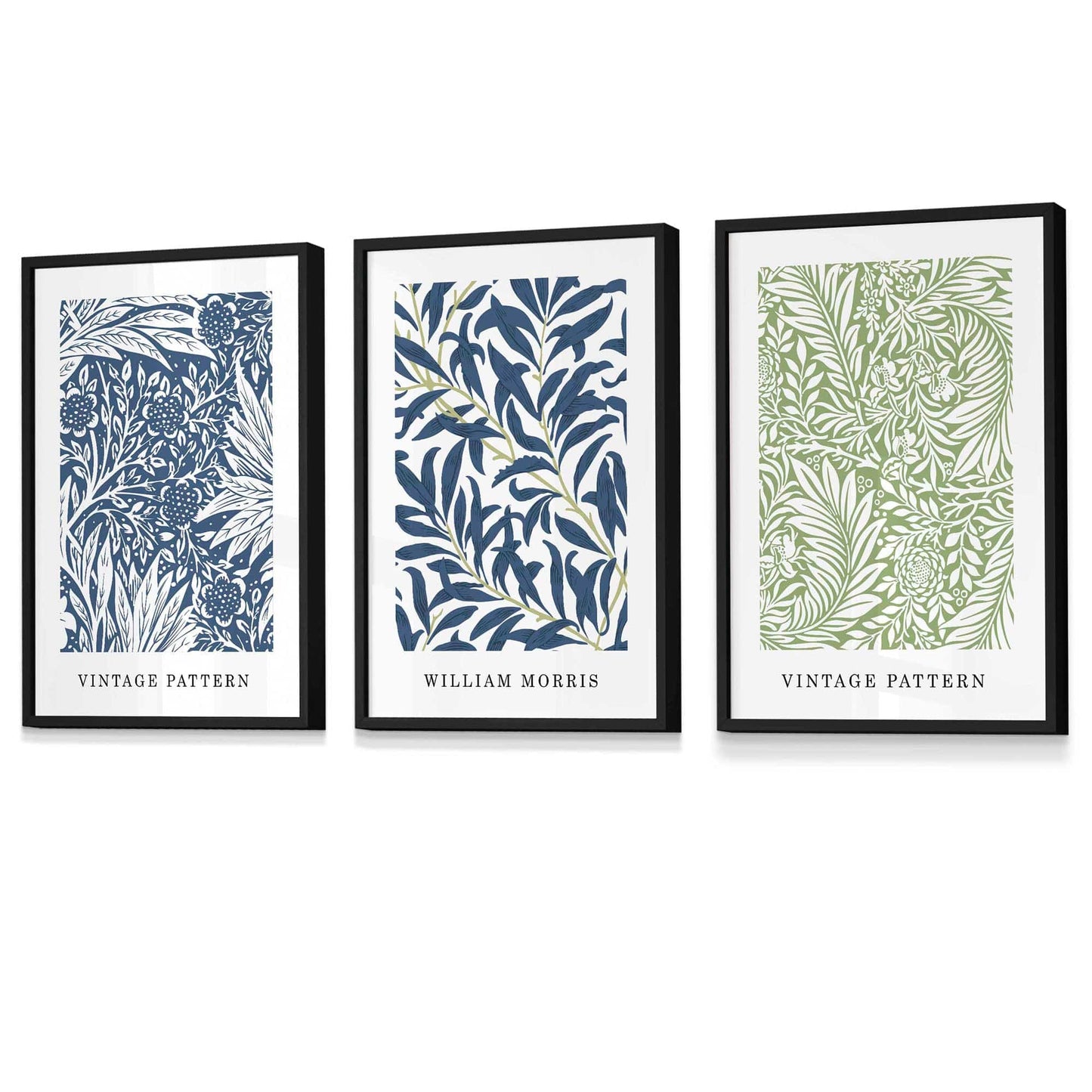 Wandbild mit gerahmten Vintage-Blumenmotiven im Stil von William Morris in Blau und Grün