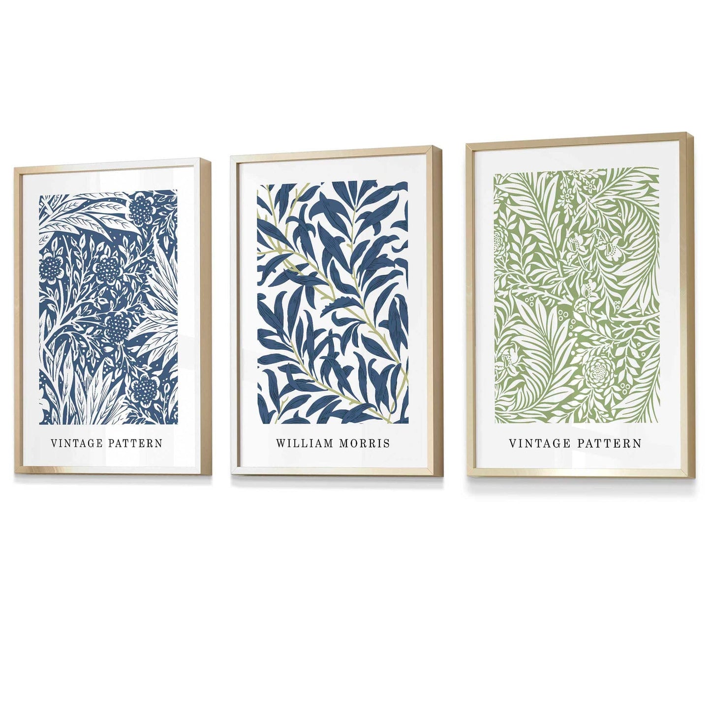 Wandbild mit gerahmten Vintage-Blumenmotiven im Stil von William Morris in Blau und Grün