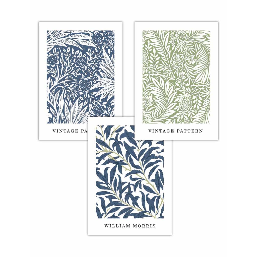 Blau & Grün William Morris Vintage Blumen-Set aus 3 Wandbildern