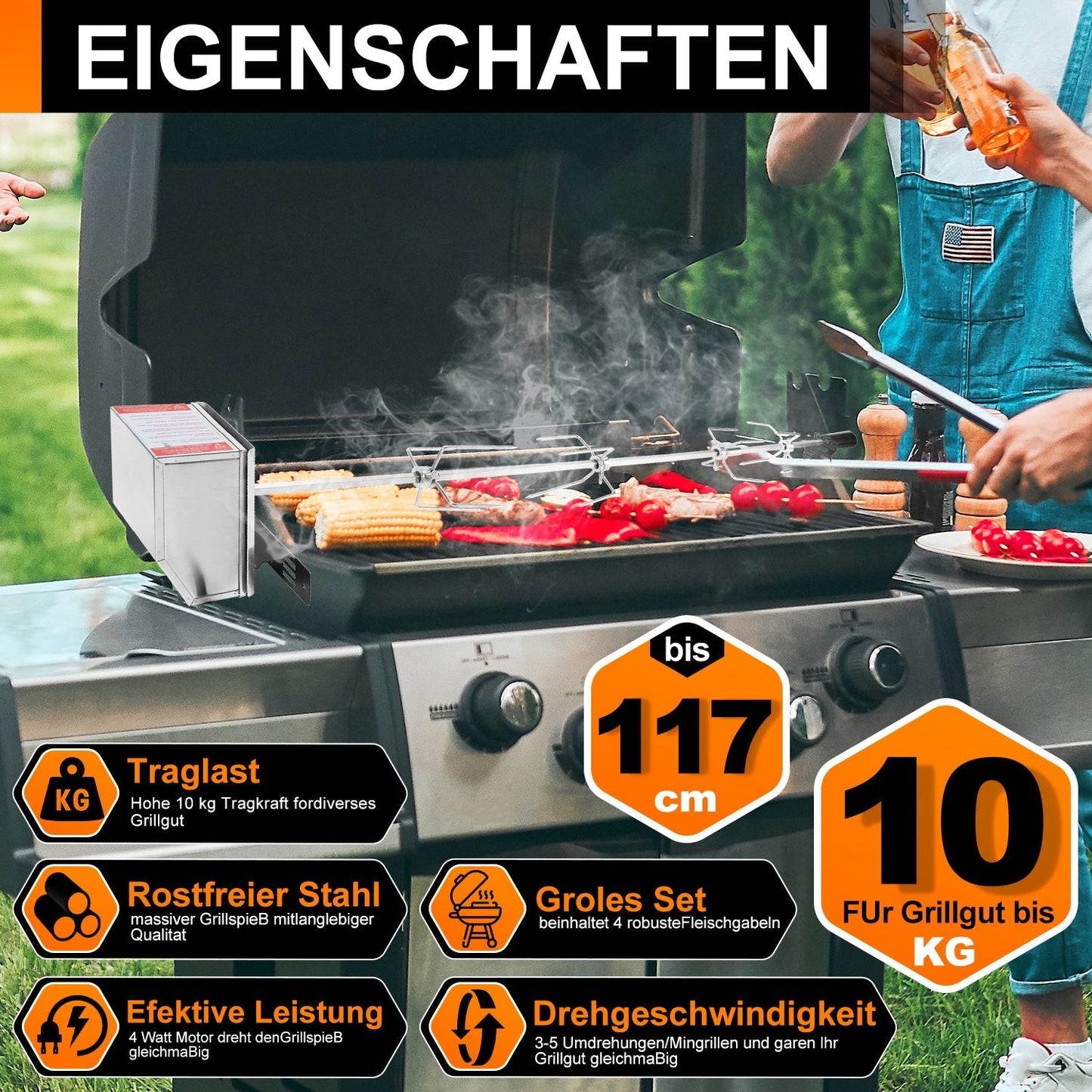 BBQ Grillspieß Edelstahl Motor 4x Fleischnadel | Karnz
