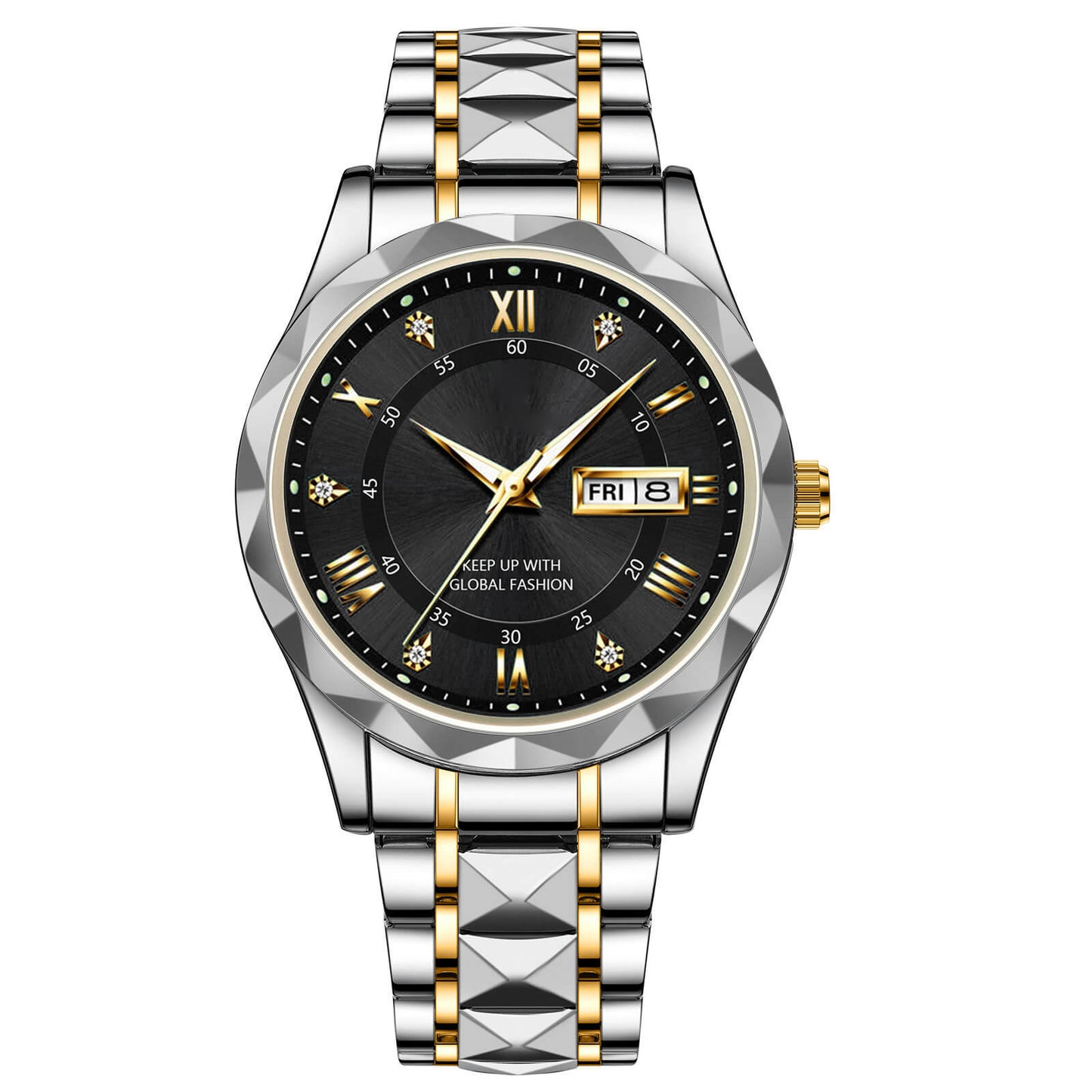 Wasserdichte, leuchtende Herrenuhr aus zweifarbigem Edelstahl mit Quarzwerk