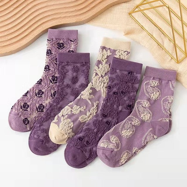 5 Paar Socken im Vintage-Stil mit Blumenstickerei
