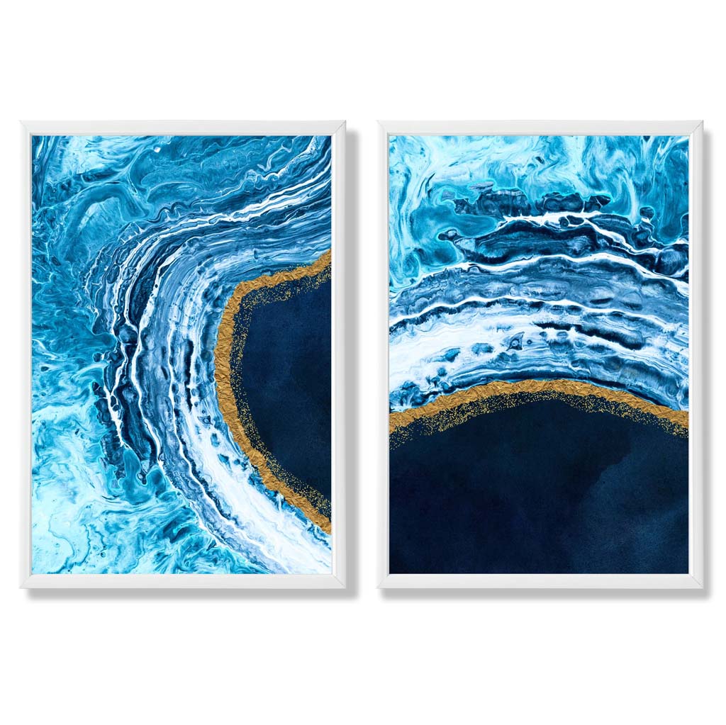 Abstraktes Ozeanmotiv in Blau und Gold, gerahmtes 2er-Set Kunstdrucke mit Rahmen