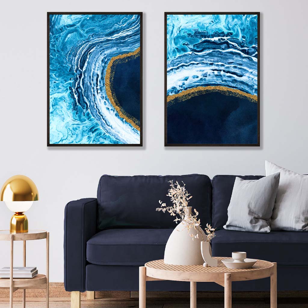 Abstraktes Ozeanmotiv in Blau und Gold, 2 Kunstdrucke