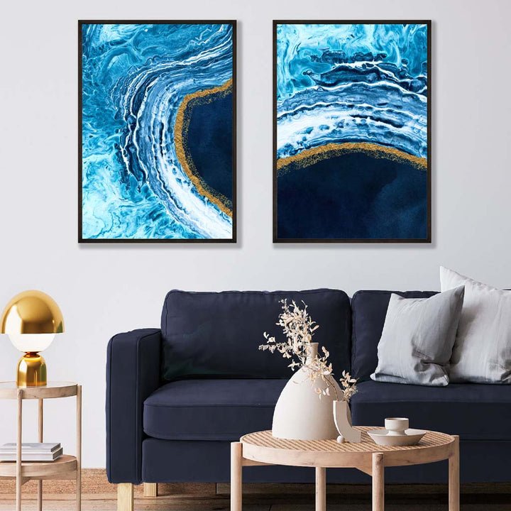 Abstraktes Ozeanmotiv in Blau und Gold, 2 Kunstdrucke