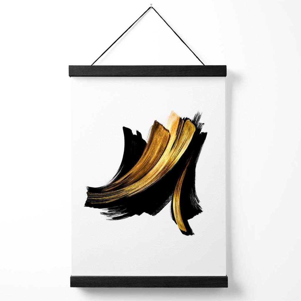 Abstraktes Poster mit Pinselstrichmuster in Schwarz und Gold, inklusive Aufhänger