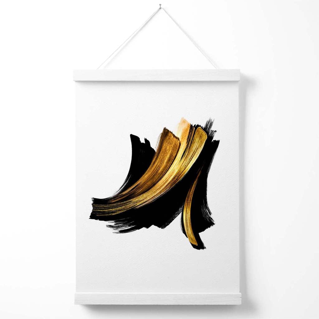 Abstraktes Poster mit Pinselstrichmuster in Schwarz und Gold, inklusive Aufhänger