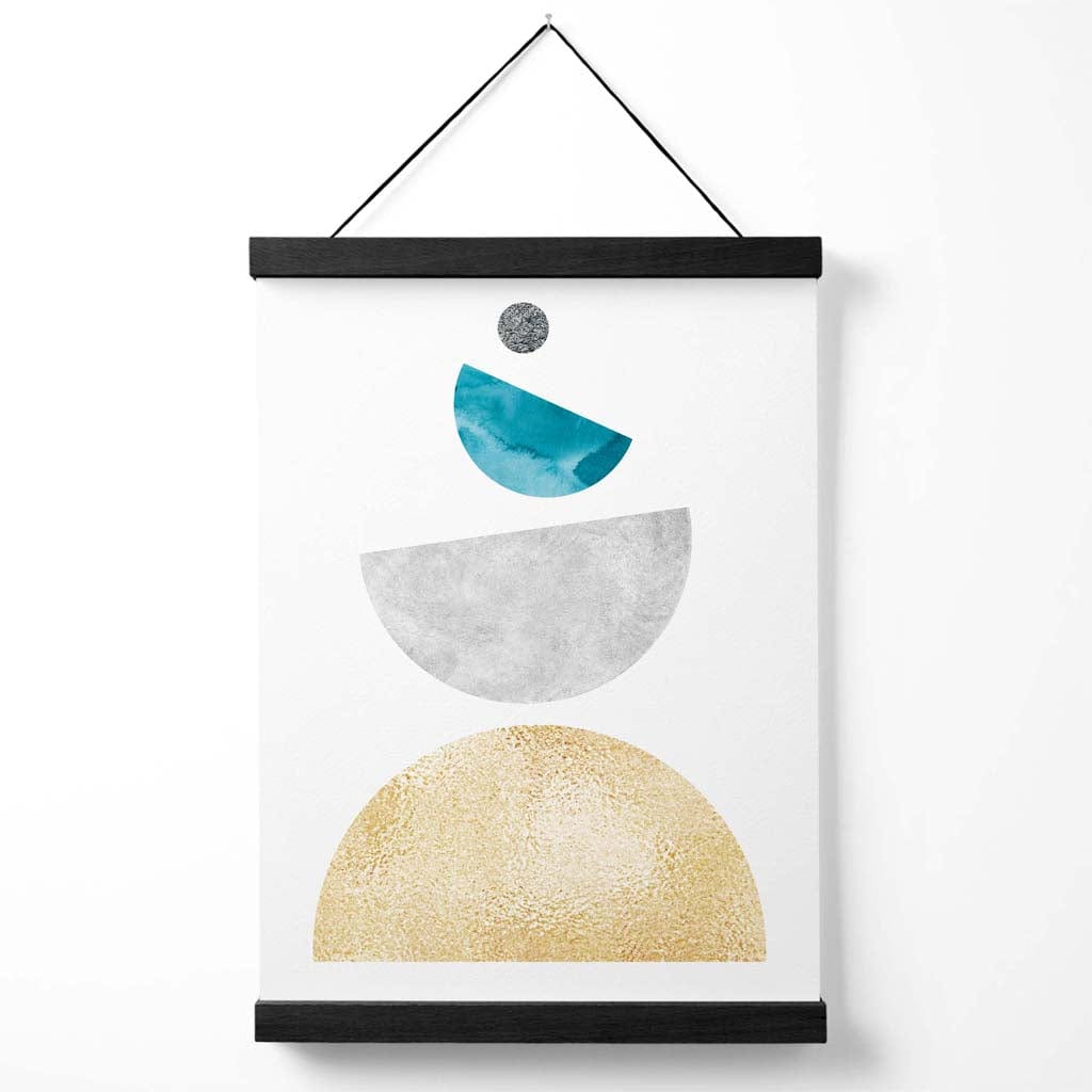 Türkis-gelbes Poster mit Halbkreisen im Mid-Century-Stil, geometrisches Design, inklusive Aufhänger