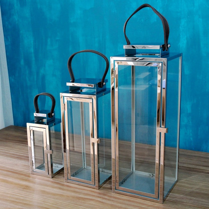 Rechteckige Glaslaternen mit poliertem Metallrahmen und Kunstledergriff Set Karnz