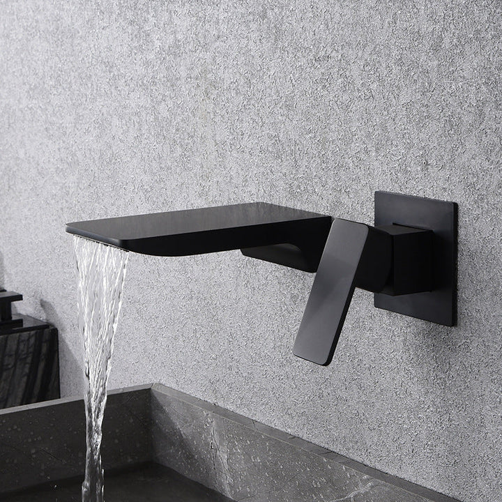 Kreativer Wandtyp Wasserfallwasserhahn aus reinem Kupfer schwarzer Waschbecken kaltes und heißes eingebettetes Becken verborgenes Armatur