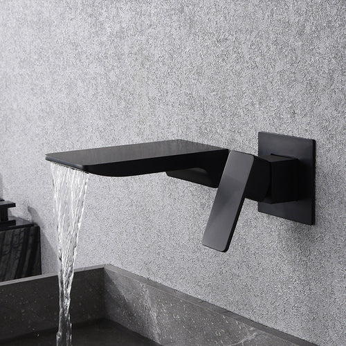 Kreativer Wandtyp Wasserfallwasserhahn aus reinem Kupfer schwarzer Waschbecken kaltes und heißes eingebettetes Becken verborgenes Armatur