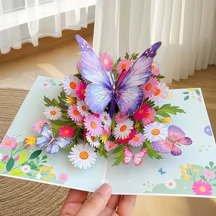 3D Pop-Up Grußkarte – Bunte Schmetterlinge & Gänseblümchen mit Umschlag