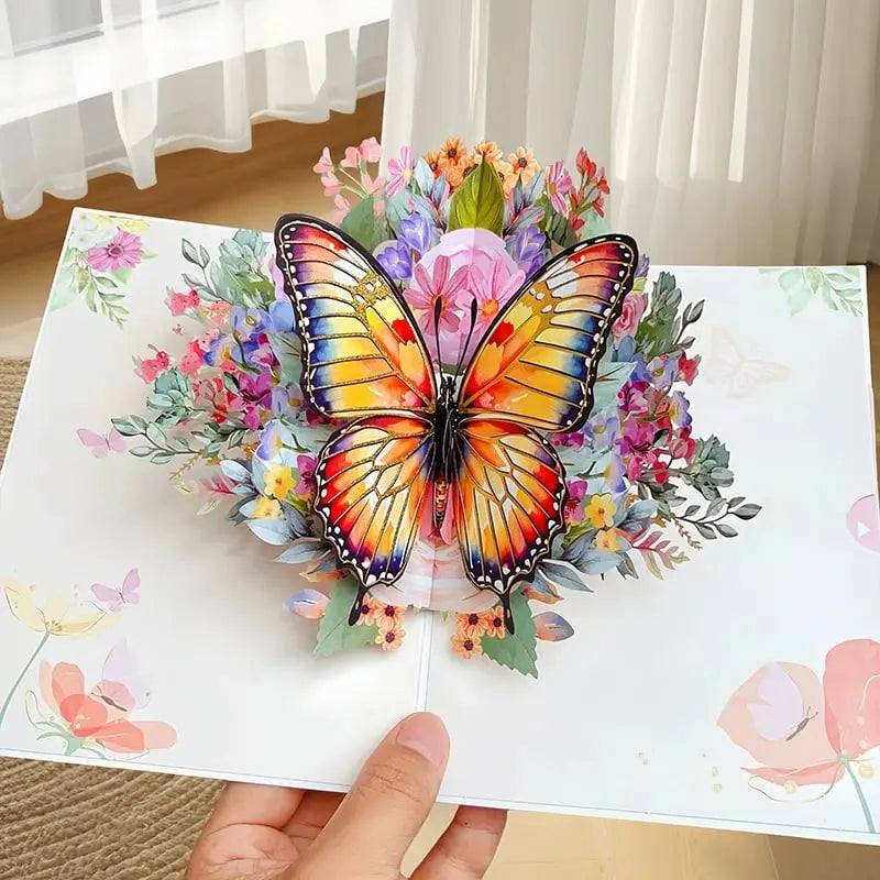3D Pop-Up Grußkarte – Bunte Schmetterlinge & Gänseblümchen mit Umschlag