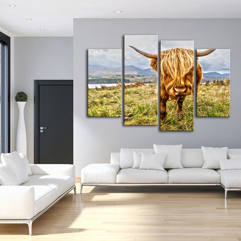 4-teiliges niedliches wildes Kuh - Leinwand Wandkunstgemälde