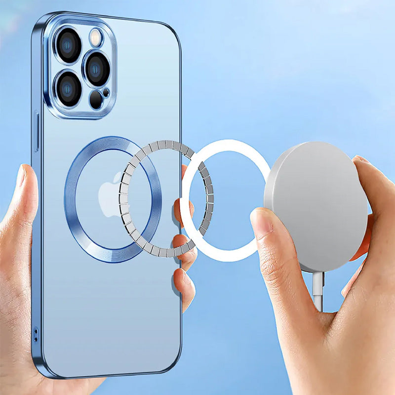 Galvanisierte, kabellose magnetische Ladehülle mit integriertem Objektiv für iPhone