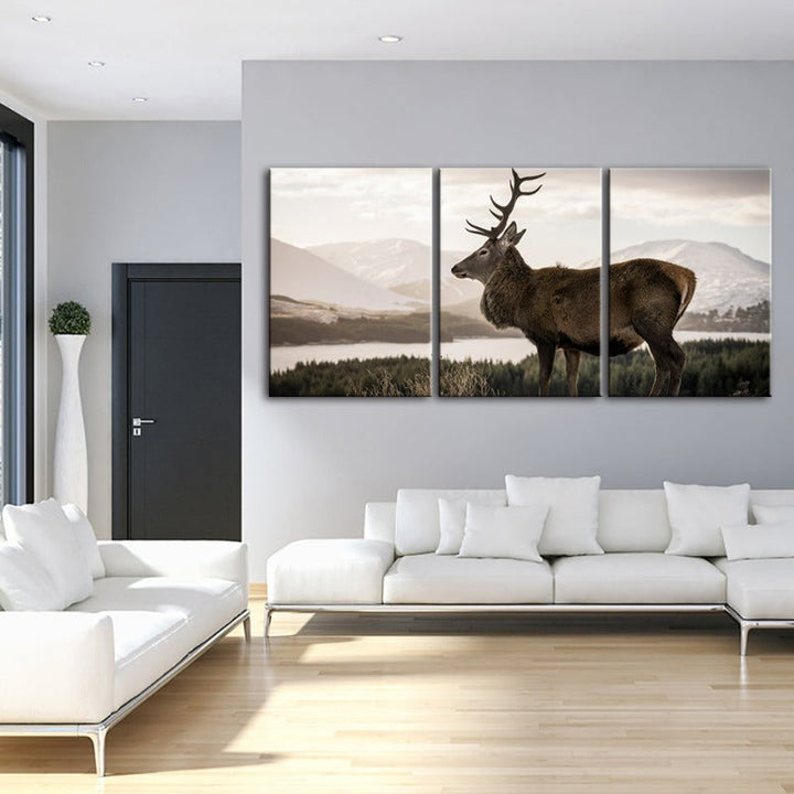 Düsteres Winterhirsch-Leinwandbild, 3-teilig