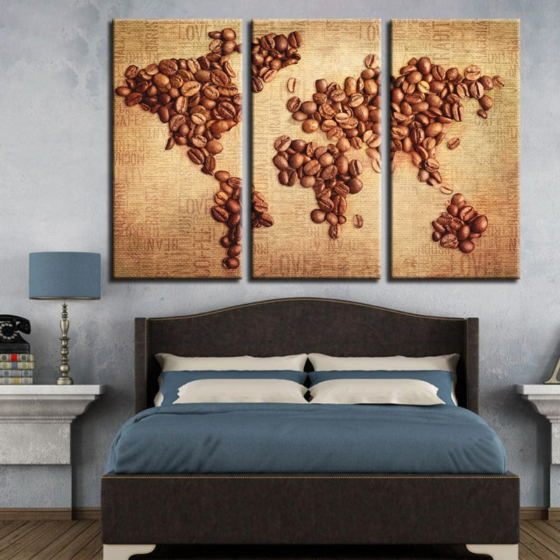 Schöne abstrakte Kaffeebohnen-Weltkarte - Leinwand Wandkunst Malerei 3 Teile