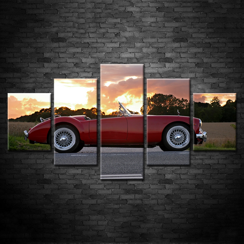 5 Teile Sonnenaufgang - Klassisches Rotes Vintage Auto - Leinwand Wandkunst Gemälde