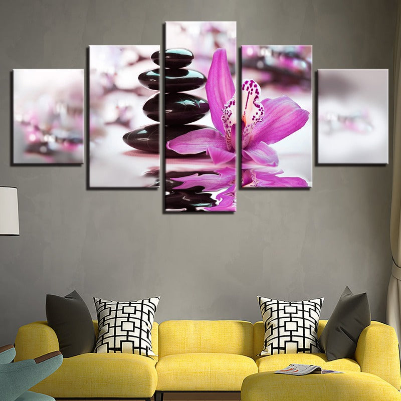 5 Stück schwarze Kiesel mit lila Blume - Leinwand Wandkunst Gemälde
