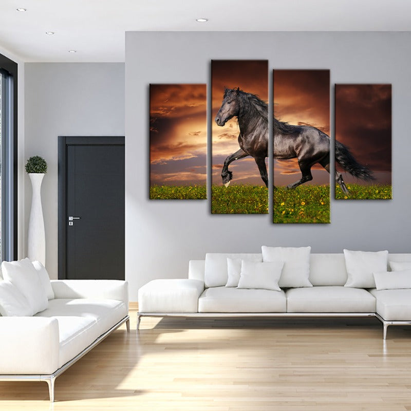 4 Stück Laufendes Schwarzes Pferd - Leinwand Wandkunst Gemälde
