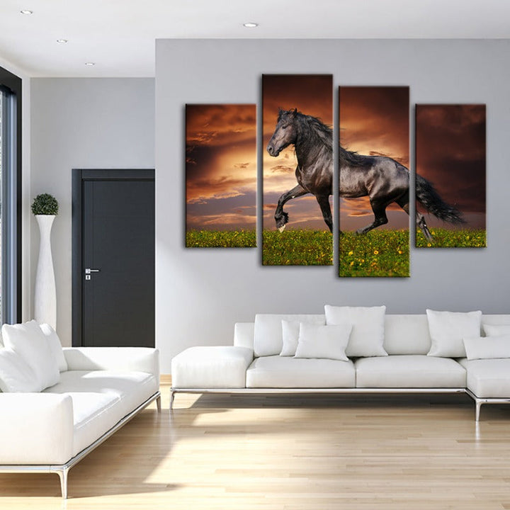 4 Stück Laufendes Schwarzes Pferd - Leinwand Wandkunst Gemälde