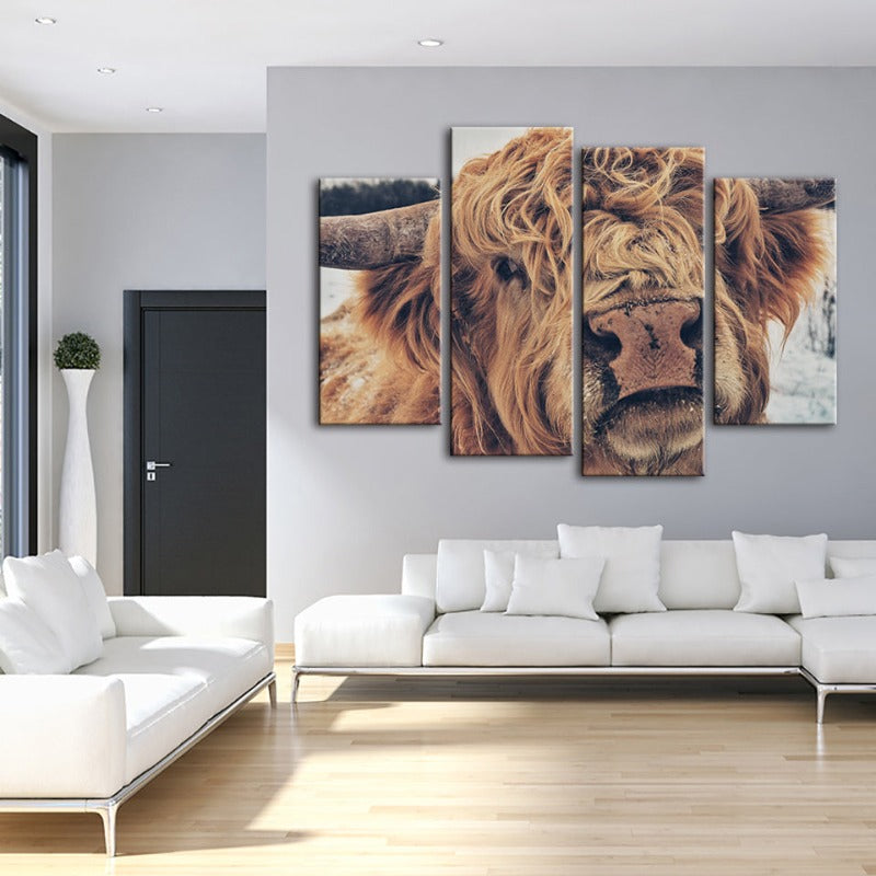 4-teilige Nahaufnahme Braun Kuh - Leinwand Wandkunst Gemälde | Karnz