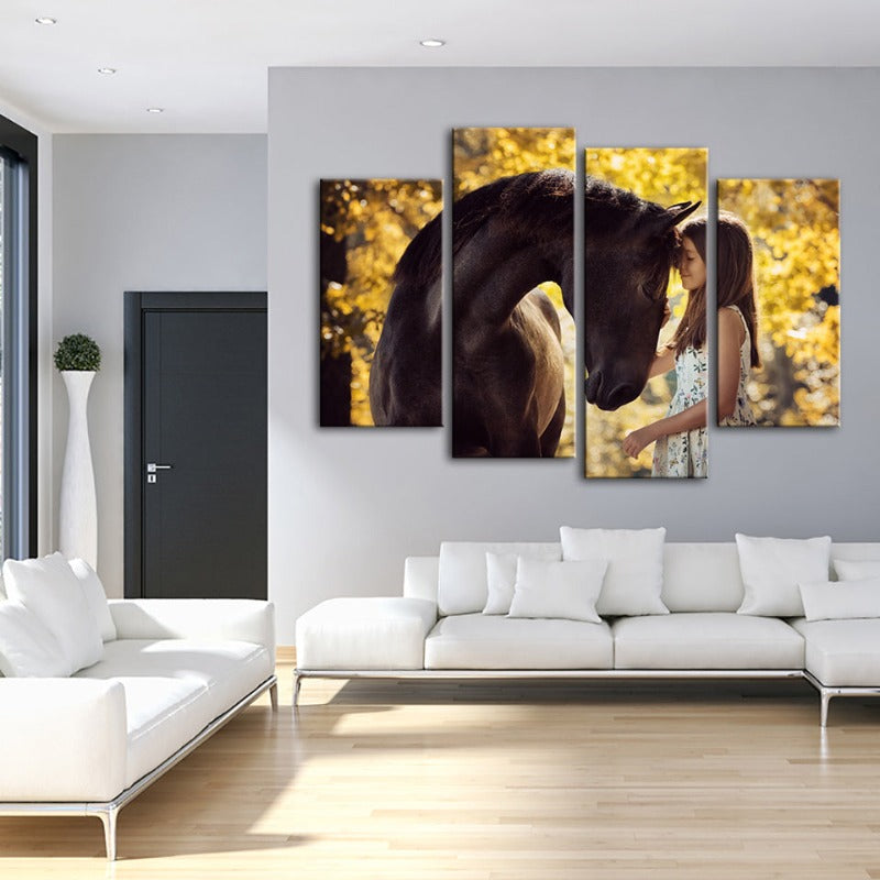 4-teilige Freundschaft zwischen einem Mädchen und einem Pferd - Leinwand Wandkunst Gemälde