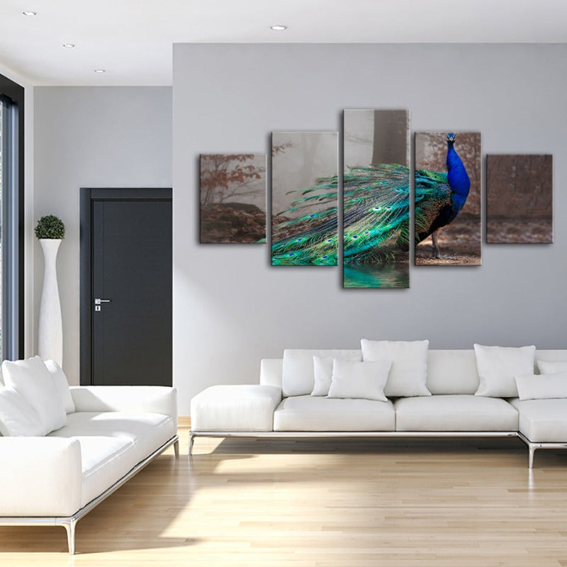 5 Stück Lebhafte Pfau am Teich - Leinwand Wandkunst Gemälde