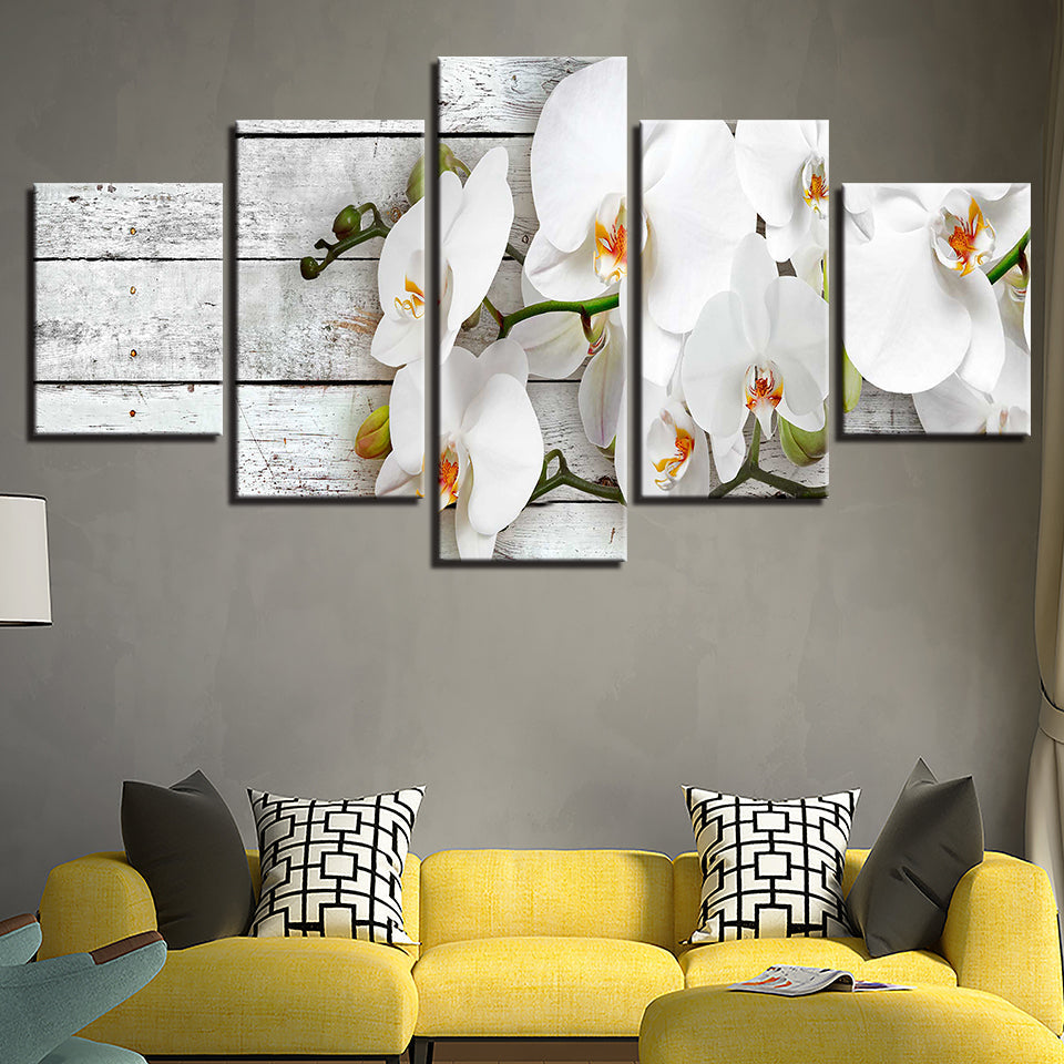 Weißes Holz und Orchideen, 5-teiliges Leinwandbild