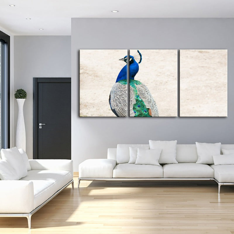 Elegantes Pfauenmotiv mit Rock – 3-teiliges Leinwandbild